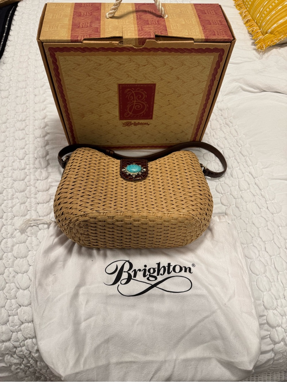 Brighton Tan Woven Satchel with Turquoise Accent